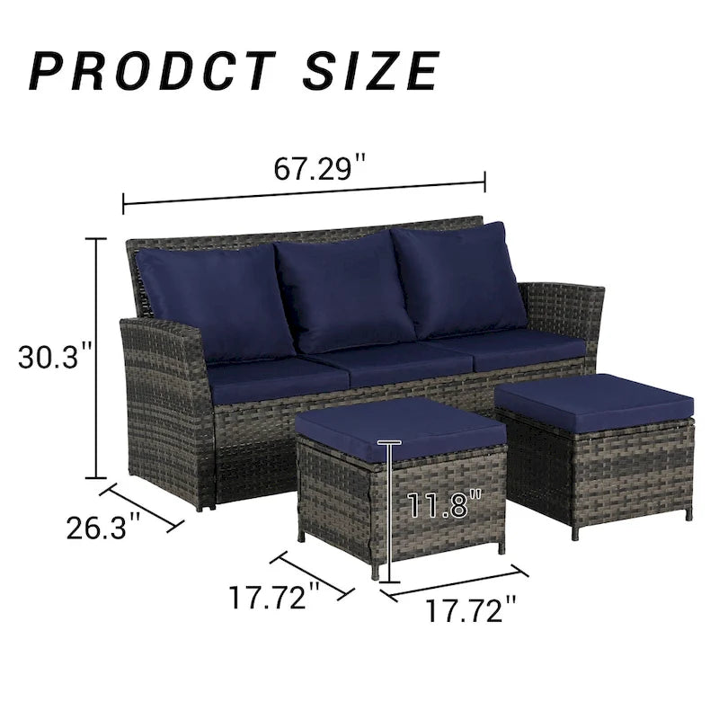Ensembles de conversation de patio en osier et rotin d'extérieur 3 pièces avec deux poufs pour jardin, balcon