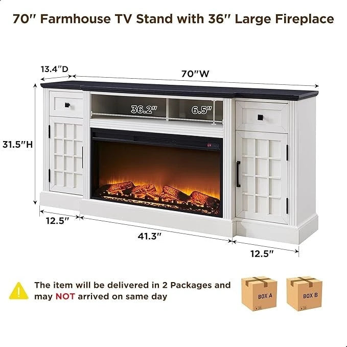 Farmhouse TV Stand with Fireplace for 80 TV, 70 Entertainment Center