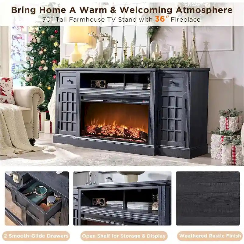 Farmhouse TV Stand with Fireplace for 80 TV, 70 Entertainment Center
