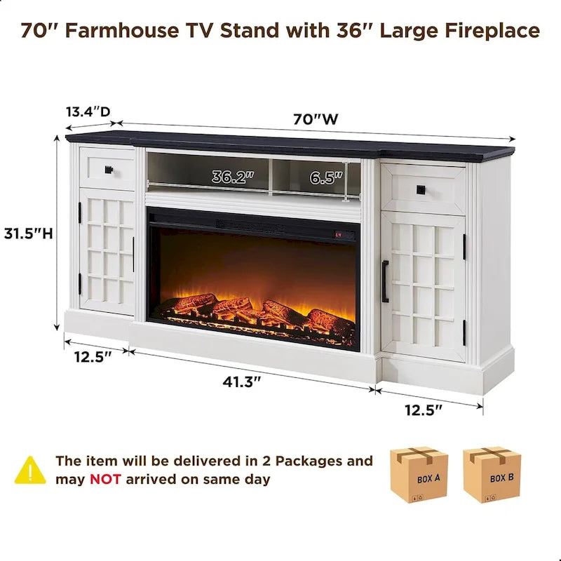 Farmhouse TV Stand with Fireplace for 80 TV, 70 Entertainment Center