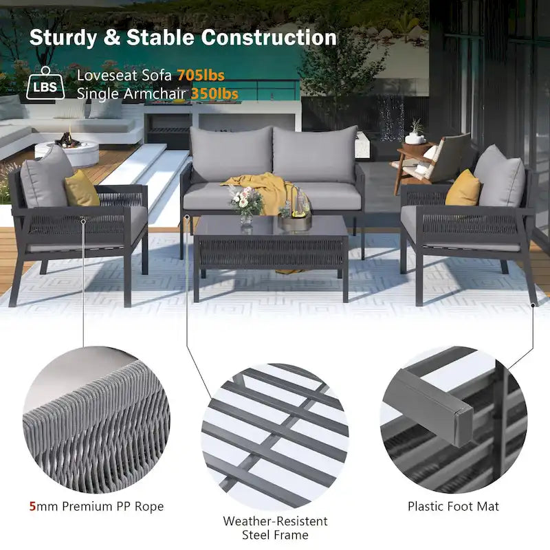 Ensemble de conversation 4 pièces de patio extérieur en corde avec table en verre trempé