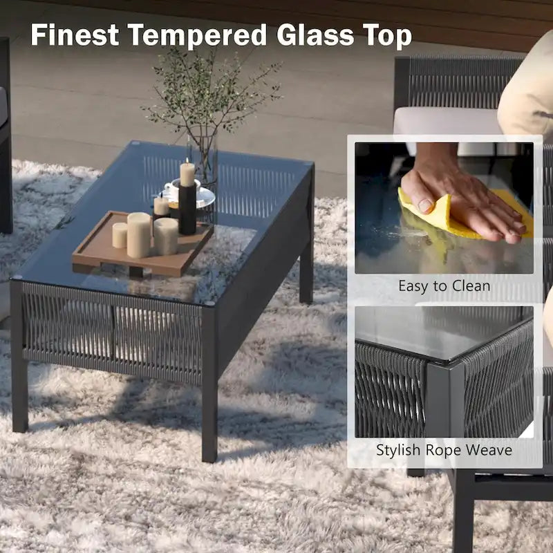 Ensemble de conversation 4 pièces de patio extérieur en corde avec table en verre trempé