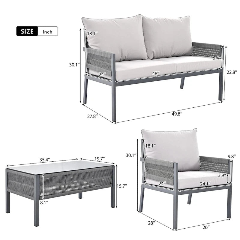 Ensemble de conversation 4 pièces de patio extérieur en corde avec table en verre trempé
