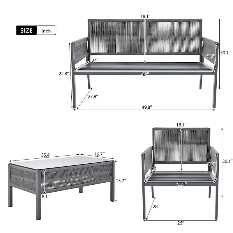 Ensemble de conversation 4 pièces de patio extérieur en corde avec table en verre trempé