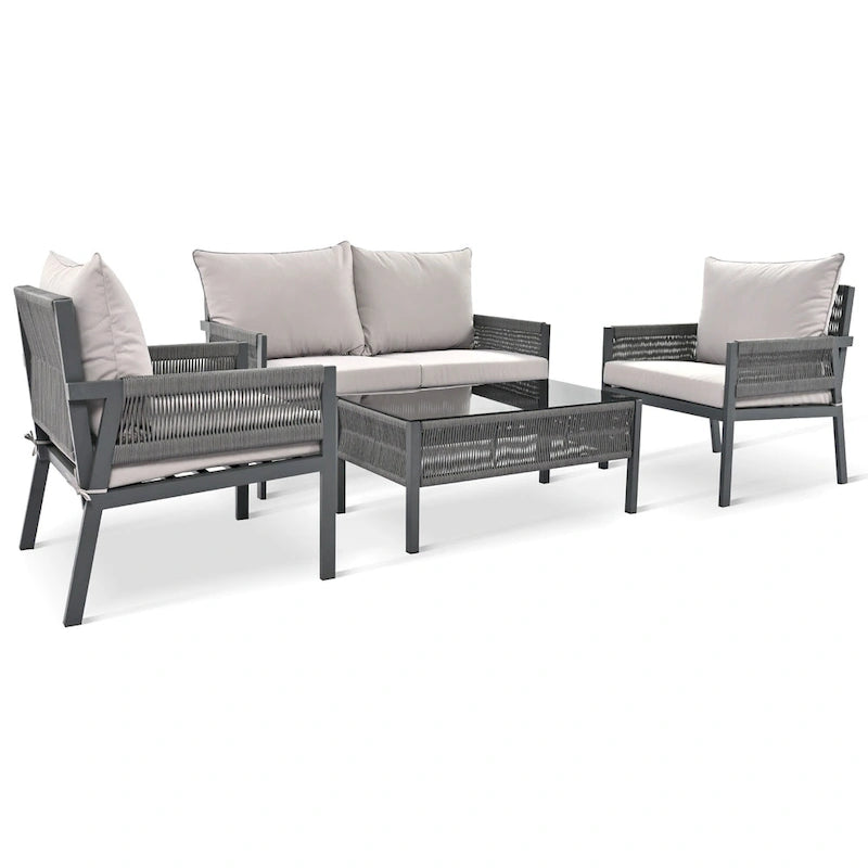 Ensemble de conversation 4 pièces de patio extérieur en corde avec table en verre trempé