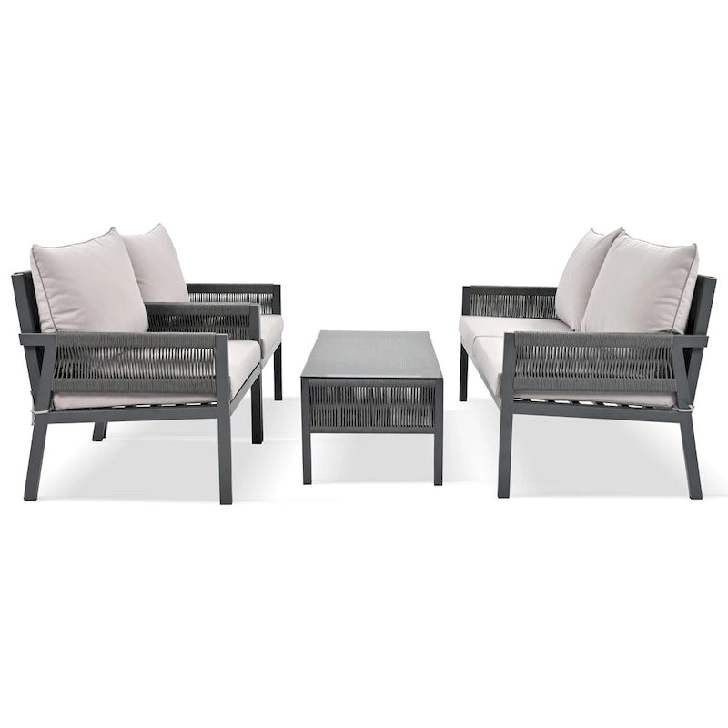 Ensemble de conversation 4 pièces de patio extérieur en corde avec table en verre trempé