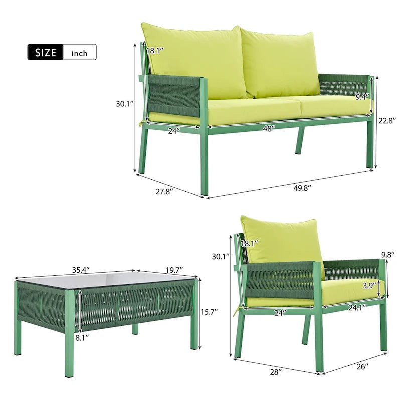 Ensemble de conversation 4 pièces de patio extérieur en corde avec table en verre trempé