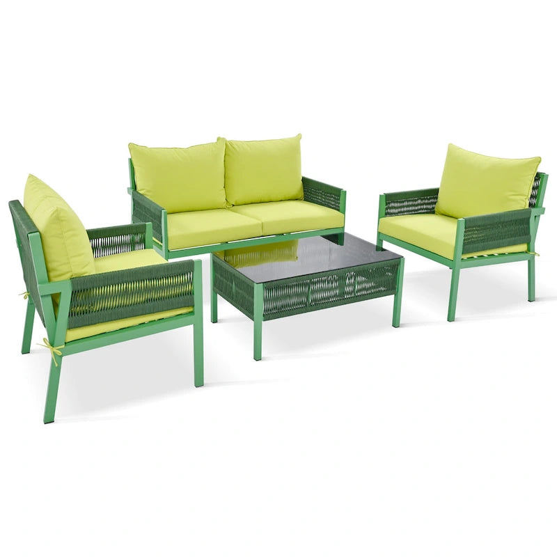 Ensemble de conversation 4 pièces de patio extérieur en corde avec table en verre trempé