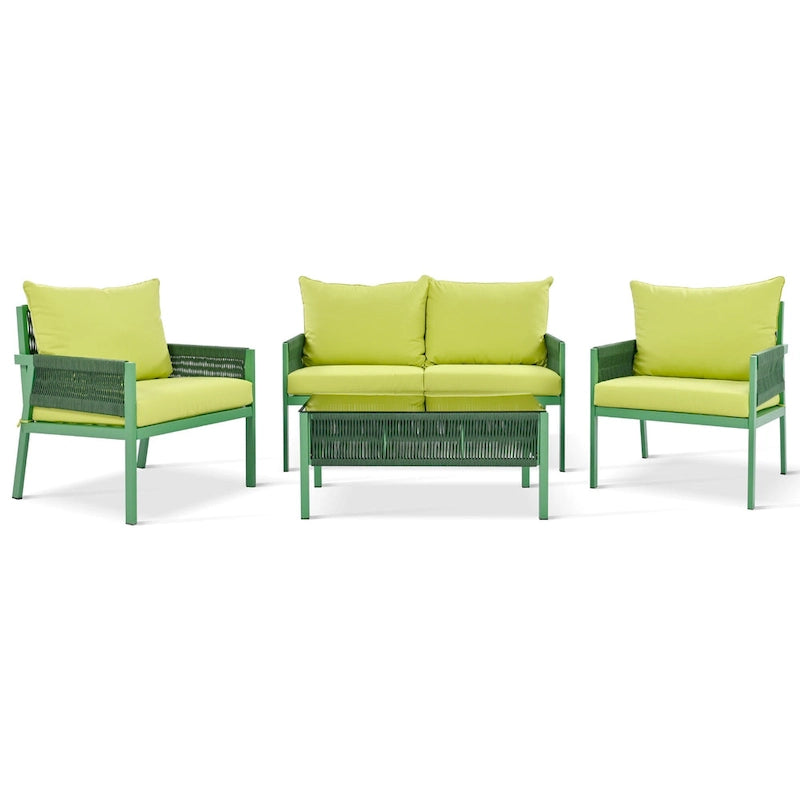 Ensemble de conversation 4 pièces de patio extérieur en corde avec table en verre trempé
