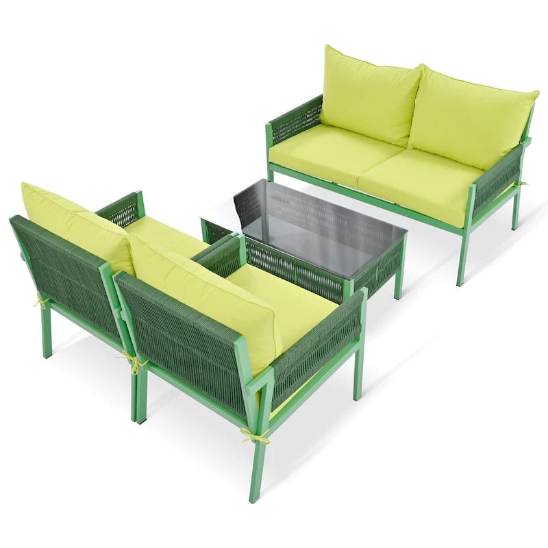 Ensemble de conversation 4 pièces de patio extérieur en corde avec table en verre trempé