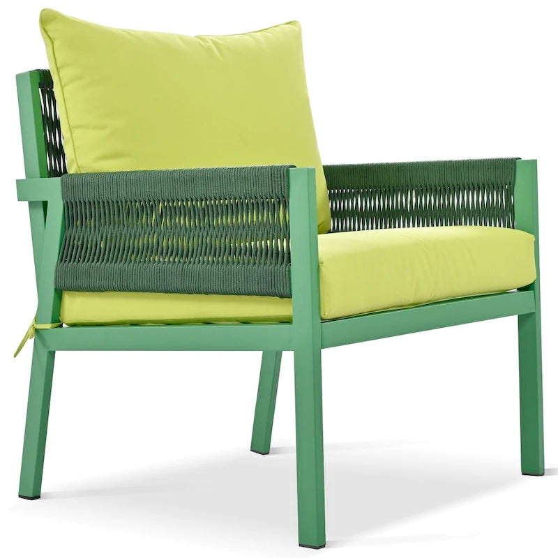 Ensemble de conversation 4 pièces de patio extérieur en corde avec table en verre trempé