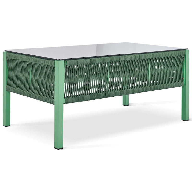 Ensemble de conversation 4 pièces de patio extérieur en corde avec table en verre trempé