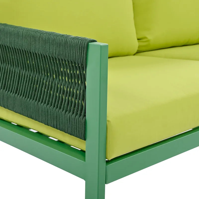 Ensemble de conversation 4 pièces de patio extérieur en corde avec table en verre trempé