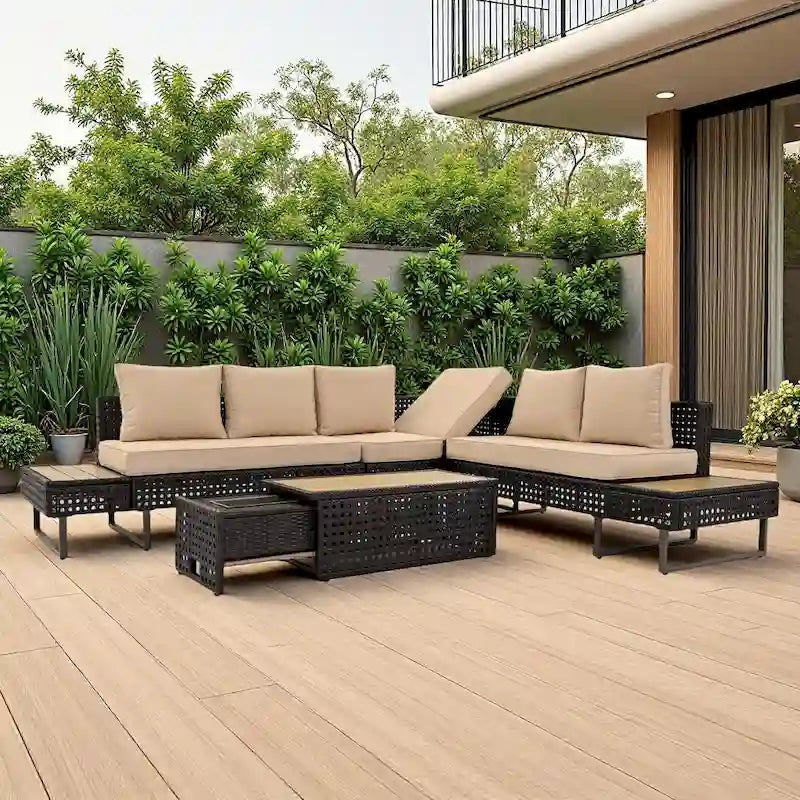 6-Piece Outdoor Patio Rattan Sectional Sofa Set with Adjustable Seat, Side Table, Coffee Table with Ice Bucket