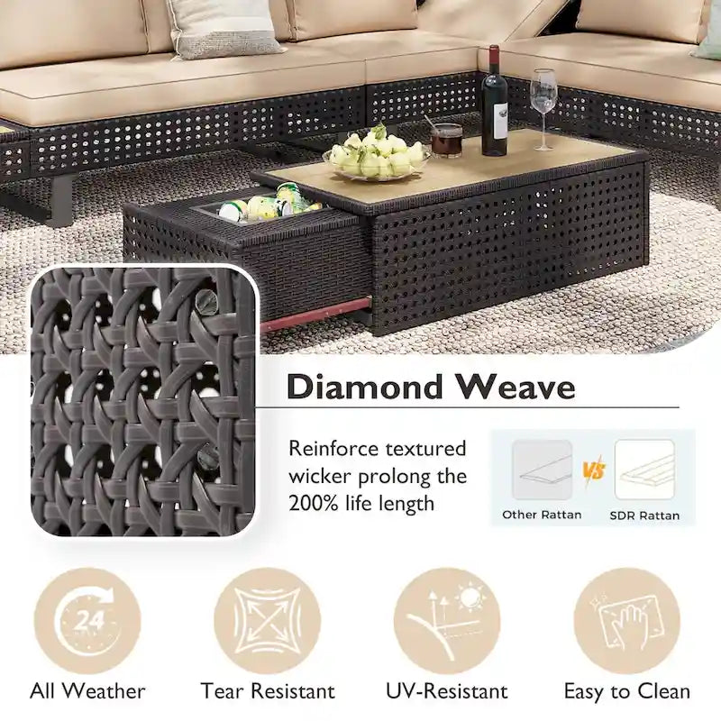 Ensemble de canapé sectionnel 6 pièces en rotin pour terrasse extérieure avec siège réglable, table d'appoint, table basse avec seau à glace