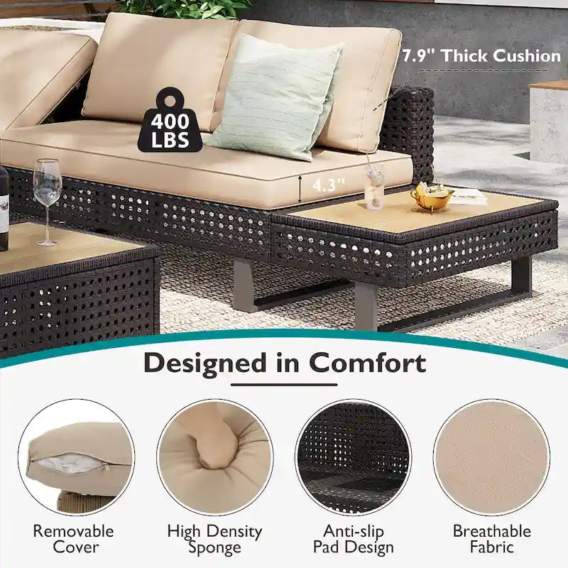 Ensemble de canapé sectionnel 6 pièces en rotin pour terrasse extérieure avec siège réglable, table d'appoint, table basse avec seau à glace