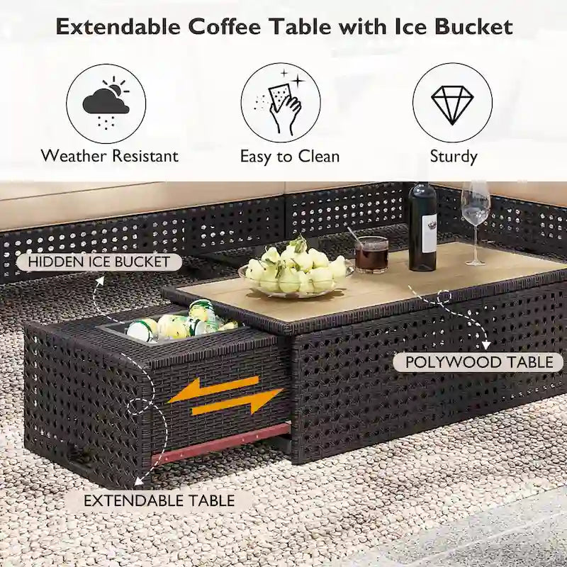 Ensemble de canapé sectionnel 6 pièces en rotin pour terrasse extérieure avec siège réglable, table d'appoint, table basse avec seau à glace