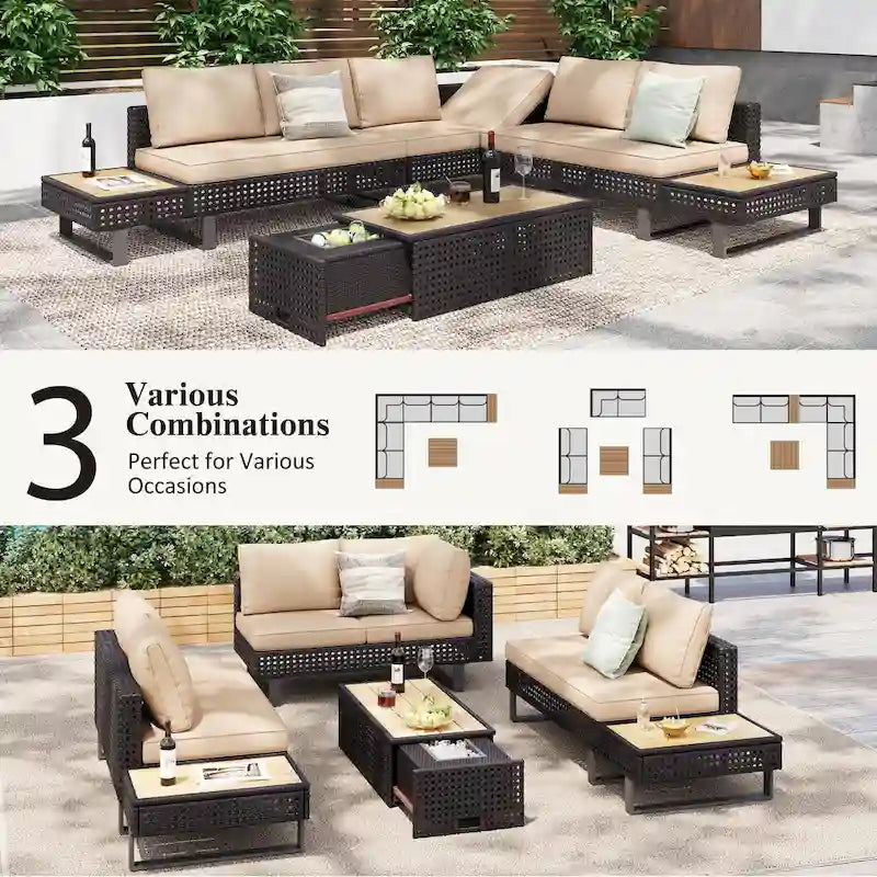 Ensemble de canapé sectionnel 6 pièces en rotin pour terrasse extérieure avec siège réglable, table d'appoint, table basse avec seau à glace