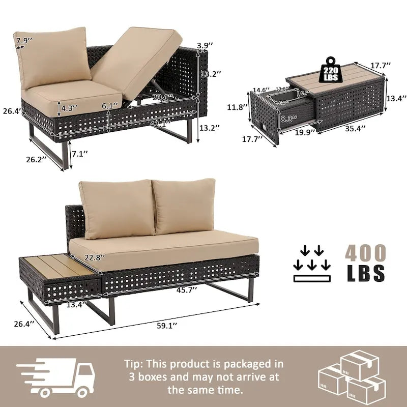 Ensemble de canapé sectionnel 6 pièces en rotin pour terrasse extérieure avec siège réglable, table d'appoint, table basse avec seau à glace