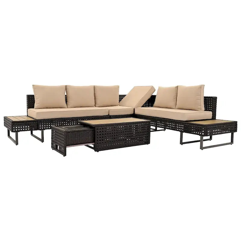 Ensemble de canapé sectionnel 6 pièces en rotin pour terrasse extérieure avec siège réglable, table d'appoint, table basse avec seau à glace