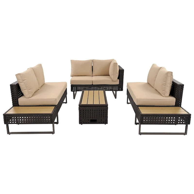 Ensemble de canapé sectionnel 6 pièces en rotin pour terrasse extérieure avec siège réglable, table d'appoint, table basse avec seau à glace