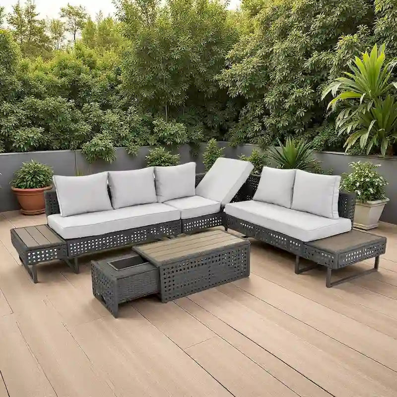 Ensemble de canapé sectionnel 6 pièces en rotin pour terrasse extérieure avec siège réglable, table d'appoint, table basse avec seau à glace