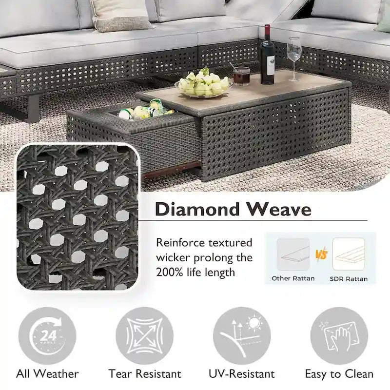Ensemble de canapé sectionnel 6 pièces en rotin pour terrasse extérieure avec siège réglable, table d'appoint, table basse avec seau à glace