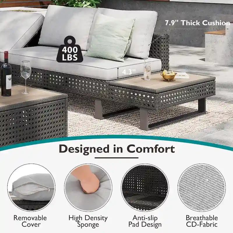 Ensemble de canapé sectionnel 6 pièces en rotin pour terrasse extérieure avec siège réglable, table d'appoint, table basse avec seau à glace