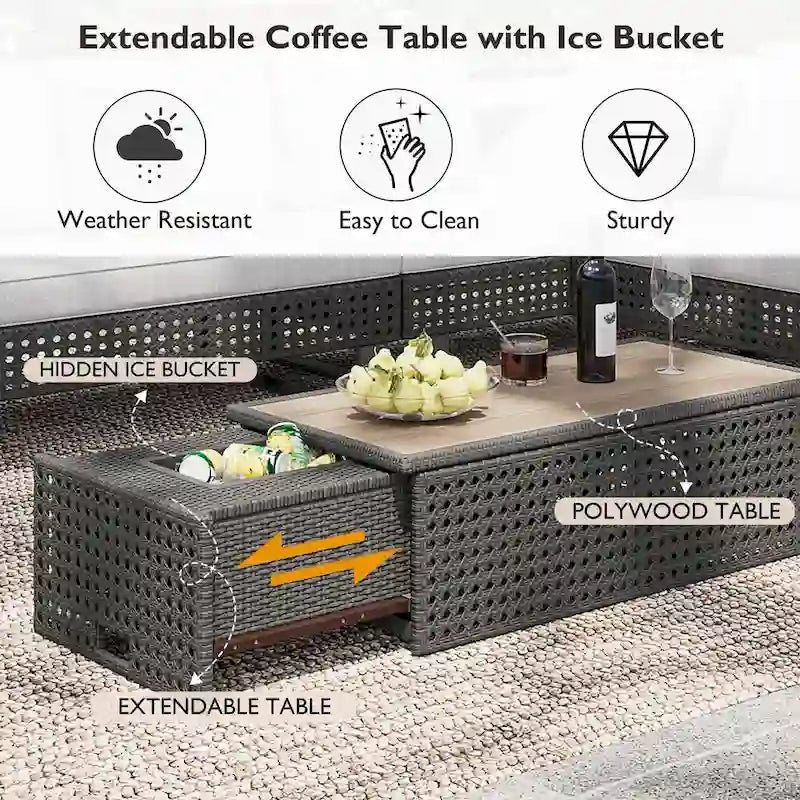 Ensemble de canapé sectionnel 6 pièces en rotin pour terrasse extérieure avec siège réglable, table d'appoint, table basse avec seau à glace