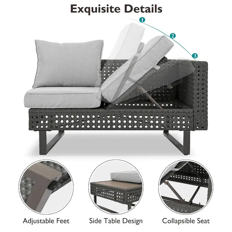 Ensemble de canapé sectionnel 6 pièces en rotin pour terrasse extérieure avec siège réglable, table d'appoint, table basse avec seau à glace