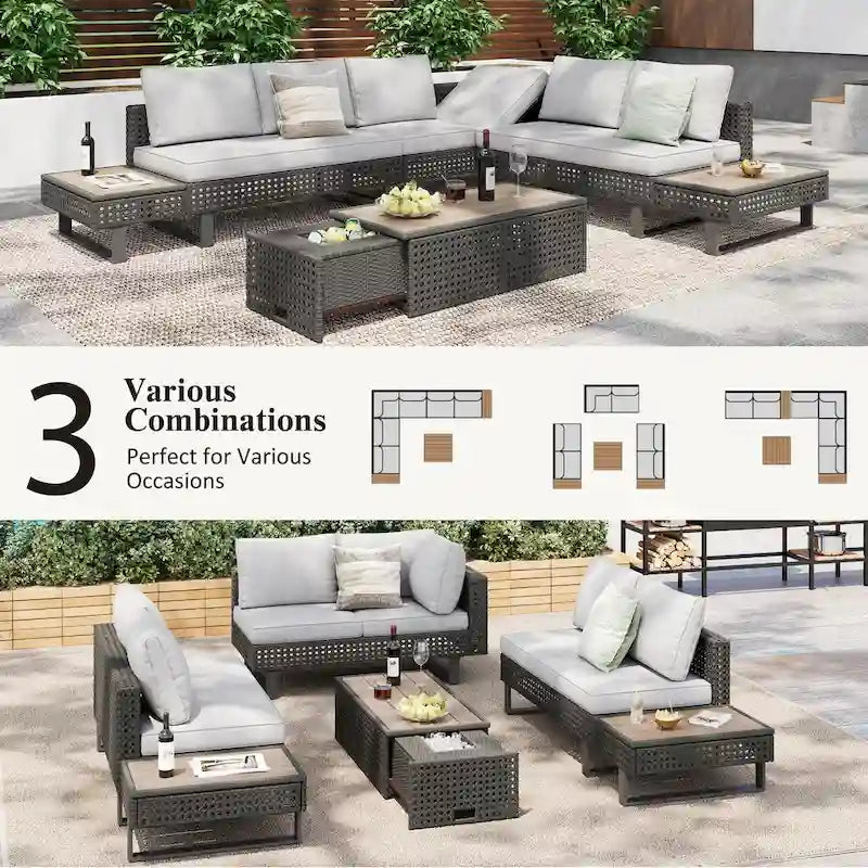 Ensemble de canapé sectionnel 6 pièces en rotin pour terrasse extérieure avec siège réglable, table d'appoint, table basse avec seau à glace