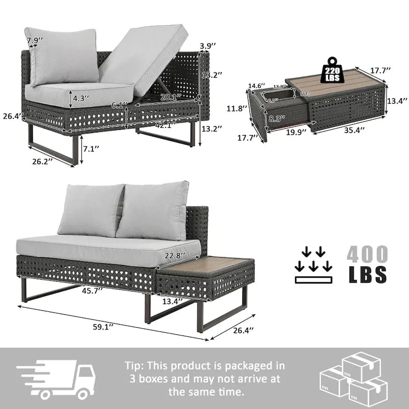 Ensemble de canapé sectionnel 6 pièces en rotin pour terrasse extérieure avec siège réglable, table d'appoint, table basse avec seau à glace