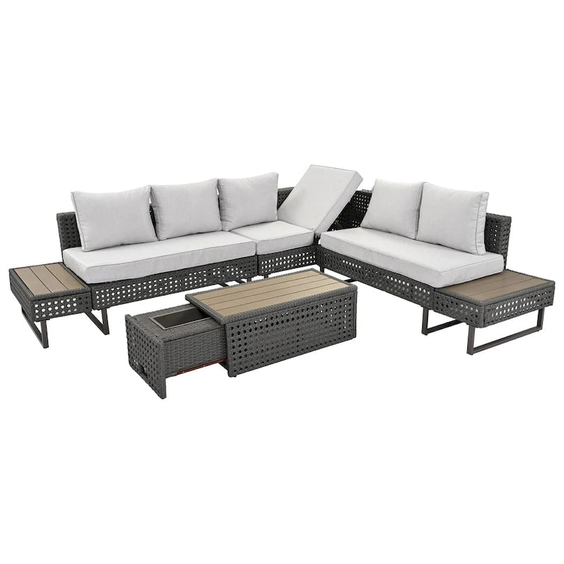 Ensemble de canapé sectionnel 6 pièces en rotin pour terrasse extérieure avec siège réglable, table d'appoint, table basse avec seau à glace