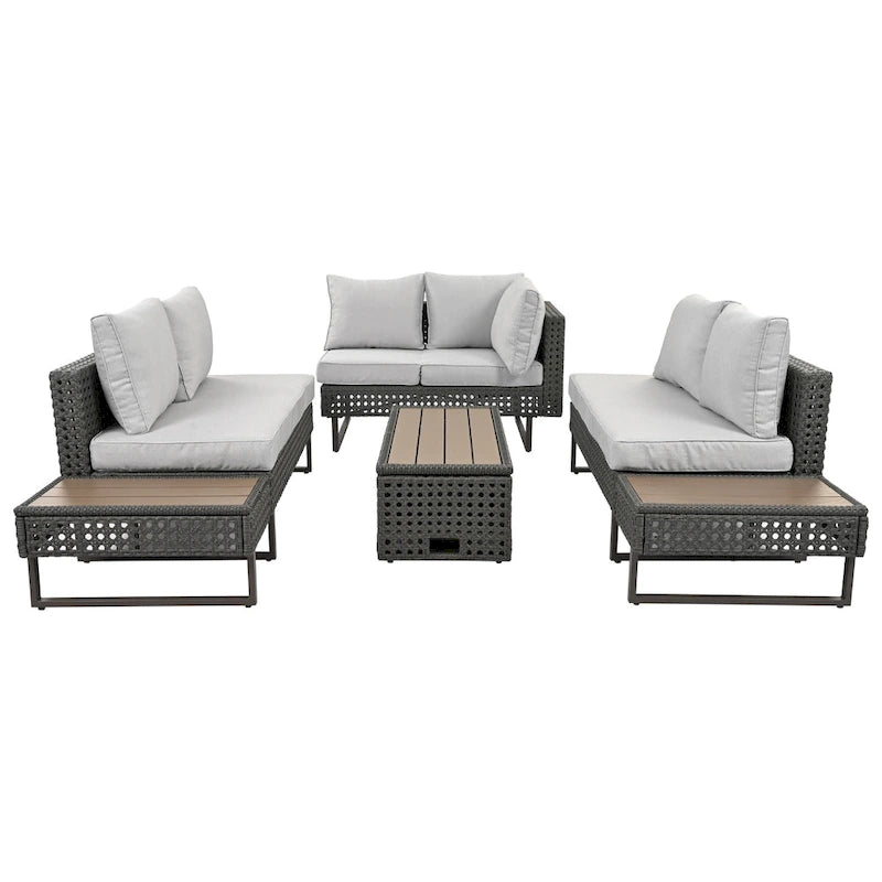 Ensemble de canapé sectionnel 6 pièces en rotin pour terrasse extérieure avec siège réglable, table d'appoint, table basse avec seau à glace