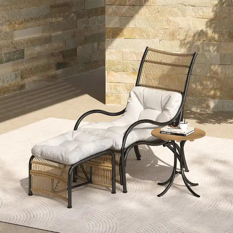 3-Piece Wicker Outdoor Patio Furniture Set with Lounge Chair, Balcony Chairs Table Set with Cushions, Ottoman