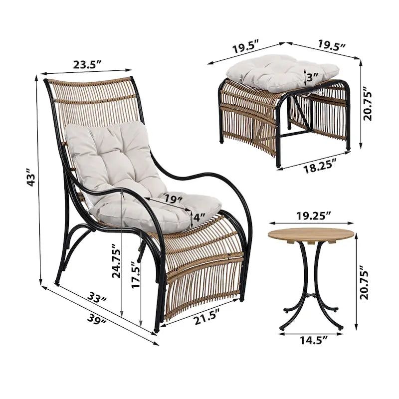 Ensemble de mobilier de patio en osier 3 pièces avec chaise longue, chaises de balcon, table et coussins, pouf
