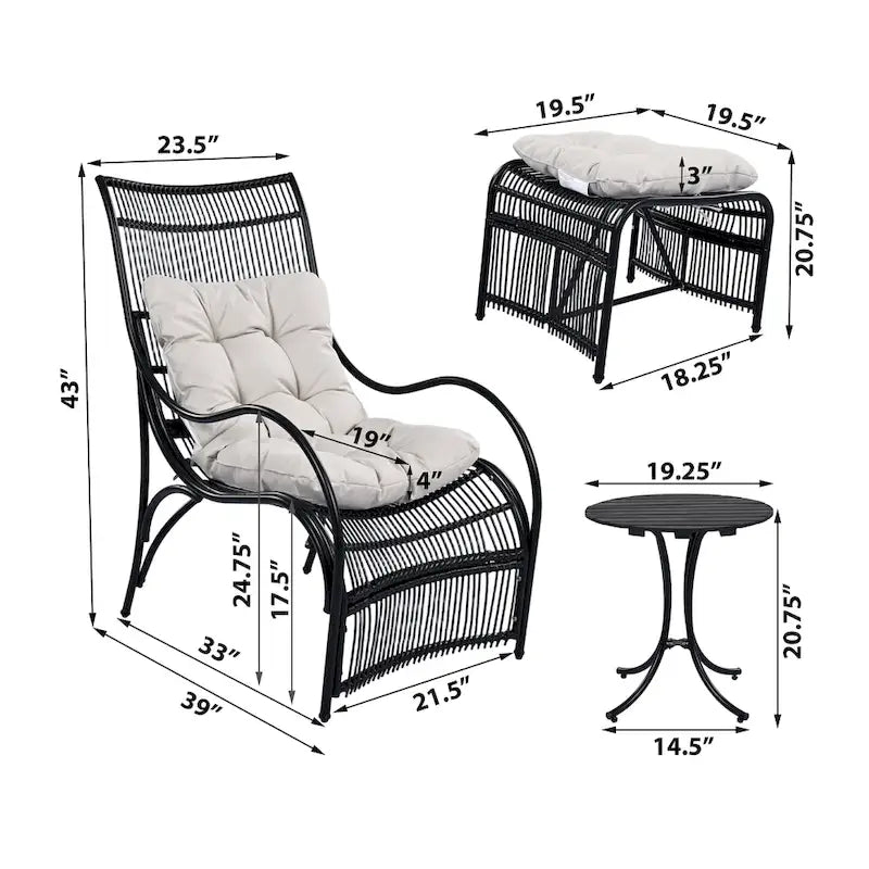 Ensemble de mobilier de patio en osier 3 pièces avec chaise longue, chaises de balcon, table et coussins, pouf