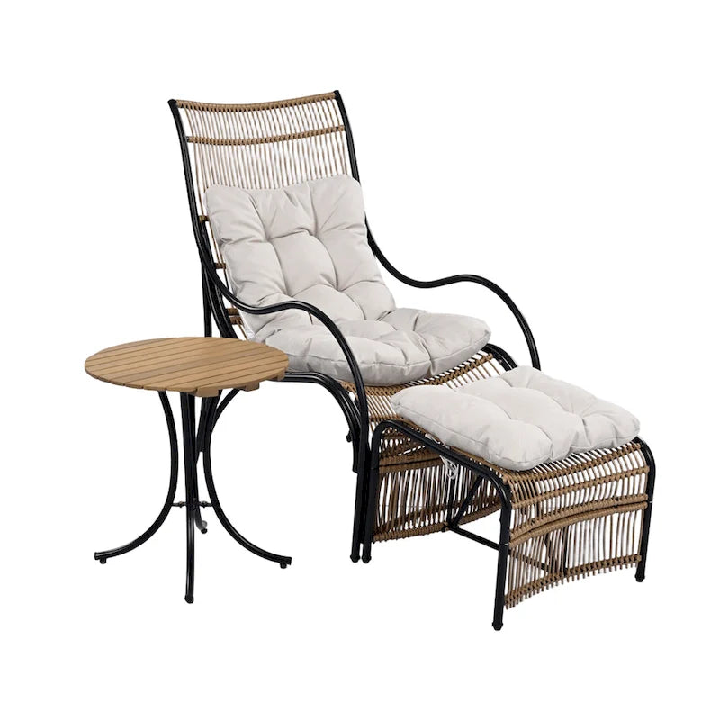 Ensemble de mobilier de patio en osier 3 pièces avec chaise longue, chaises de balcon, table et coussins, pouf