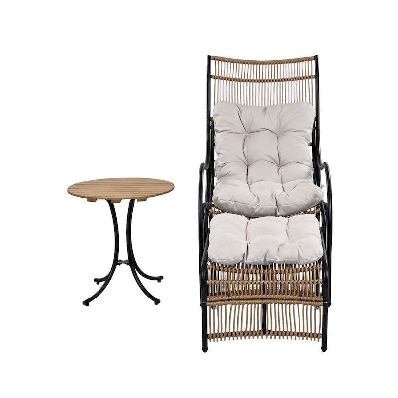 Ensemble de mobilier de patio en osier 3 pièces avec chaise longue, chaises de balcon, table et coussins, pouf