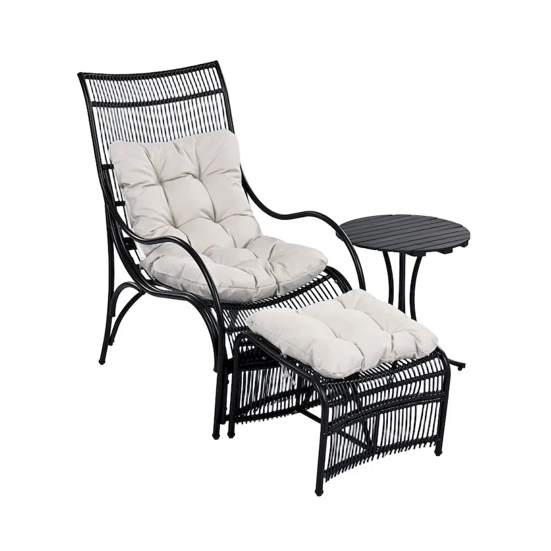 Ensemble de mobilier de patio en osier 3 pièces avec chaise longue, chaises de balcon, table et coussins, pouf