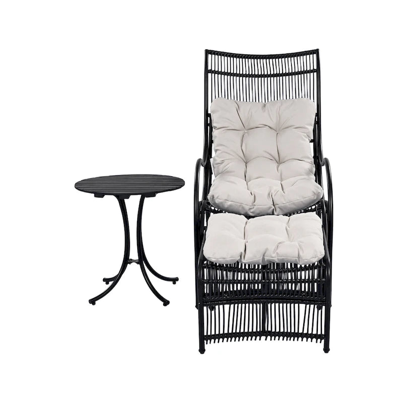 Ensemble de mobilier de patio en osier 3 pièces avec chaise longue, chaises de balcon, table et coussins, pouf