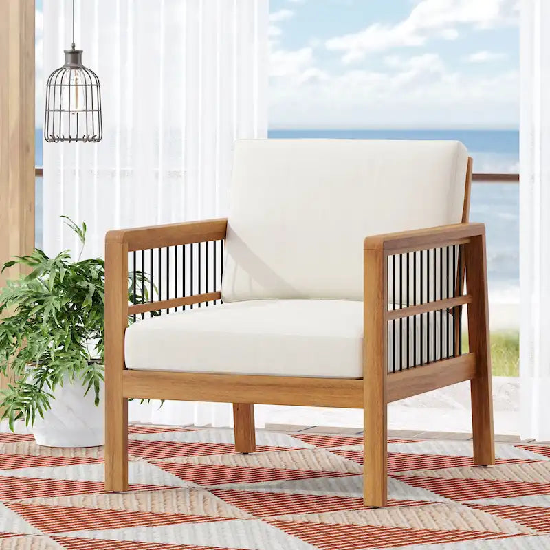 Fauteuil de jardin Roomfitters en bois d'acacia et osier avec assise profonde et coussin pour véranda ou jardin, teck+beige