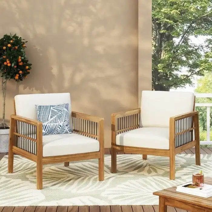 Fauteuil de jardin Roomfitters en bois d'acacia et osier avec assise profonde et coussin pour véranda ou jardin, teck+beige