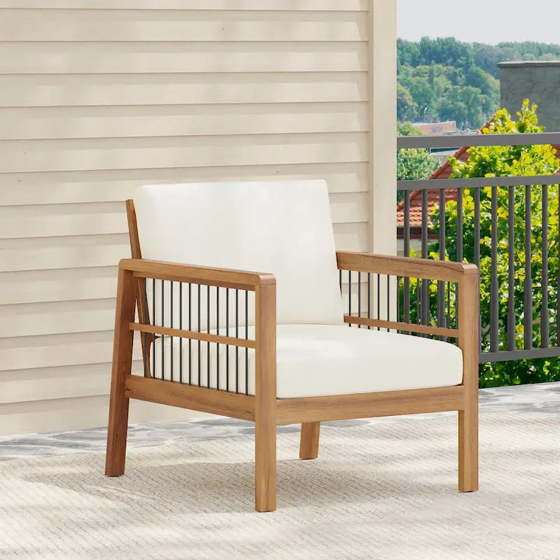 Fauteuil de jardin Roomfitters en bois d'acacia et osier avec assise profonde et coussin pour véranda ou jardin, teck+beige
