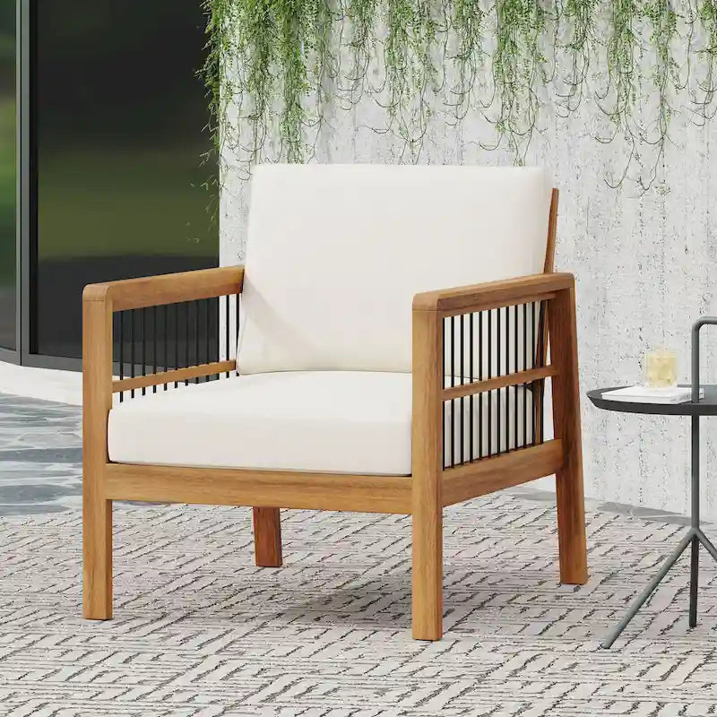 Fauteuil de jardin Roomfitters en bois d'acacia et osier avec assise profonde et coussin pour véranda ou jardin, teck+beige