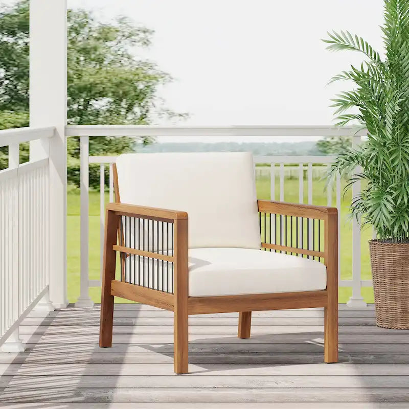Fauteuil de jardin Roomfitters en bois d'acacia et osier avec assise profonde et coussin pour véranda ou jardin, teck+beige
