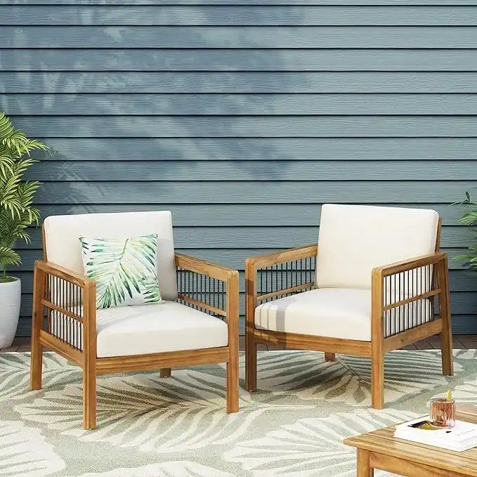 Fauteuil de jardin Roomfitters en bois d'acacia et osier avec assise profonde et coussin pour véranda ou jardin, teck+beige