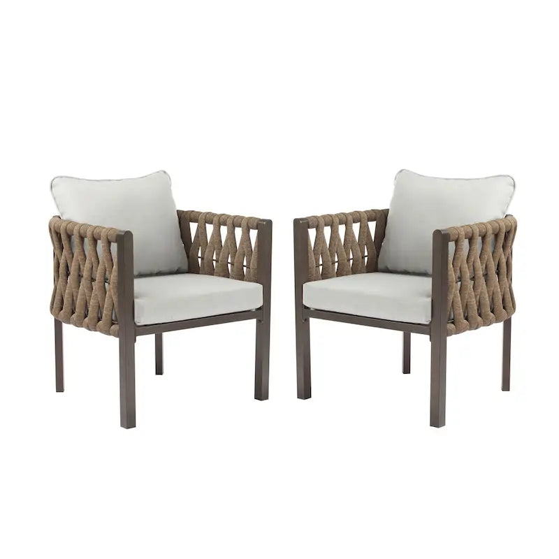 Roomfitters – Lot de 2 fauteuils de jardin en métal avec coussins, mobilier de jardin profond avec accoudoirs, marron + gris