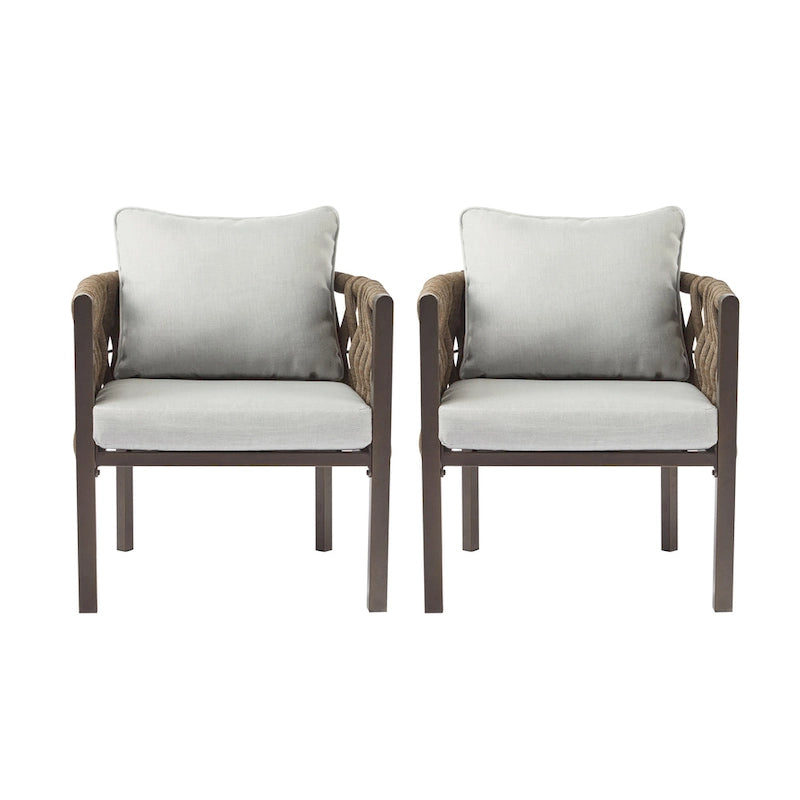 Roomfitters – Lot de 2 fauteuils de jardin en métal avec coussins, mobilier de jardin profond avec accoudoirs, marron + gris