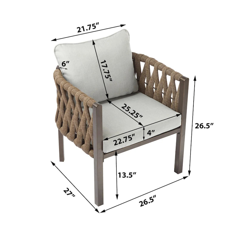 Roomfitters – Lot de 2 fauteuils de jardin en métal avec coussins, mobilier de jardin profond avec accoudoirs, marron + gris